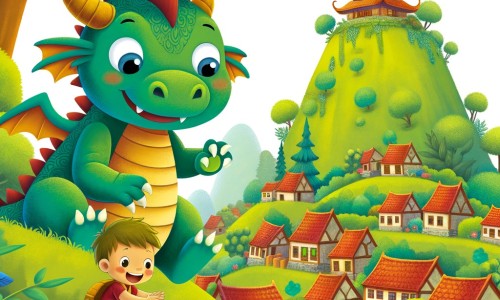Une illustration destinée aux enfants représentant un adorable dragon farceur qui s'amuse à jouer des tours à un petit garçon dans un village pittoresque niché au sommet d'une colline verdoyante.