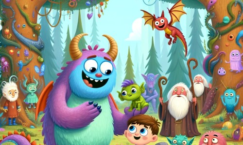 Une illustration pour enfants représentant un monstre gentil aux longues griffes et aux crocs pointus qui aide un petit dragon à retrouver sa maman dans une forêt magique remplie de créatures rigolotes.