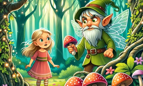 Une illustration pour enfants représentant un petit lutin farceur qui joue à cache-cache avec une petite fille curieuse dans la forêt enchantée.