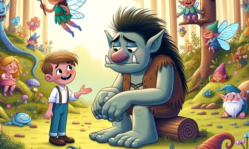 Une illustration destinée aux enfants représentant un troll maladroit et triste qui rencontre un jeune garçon plein d'imagination dans une forêt enchantée remplie de fées joyeuses, de lutins farceurs et d'un dragon gaffeur.