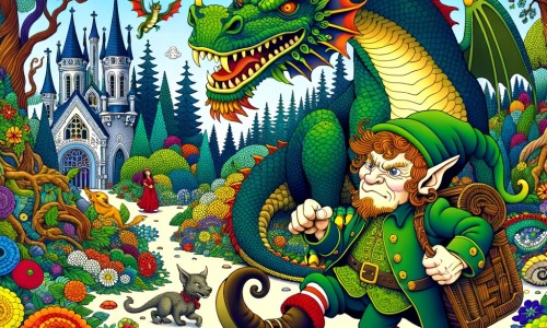 Une illustration destinée aux enfants représentant un(e) elfe maladroit se retrouvant dans une situation hilarante avec un dragon géant dans une forêt enchantée remplie de fleurs colorées, d'arbres majestueux et de petits animaux rigolos.