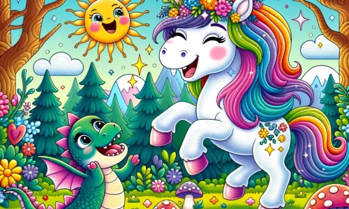 Une illustration destinée aux enfants représentant une licorne joyeuse et étincelante qui rencontre un drôle de petit dragon dans une forêt enchantée remplie d'arbres colorés, de fleurs lumineuses et de champignons rigolos.