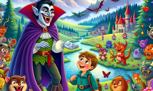 Une illustration pour enfants représentant un vampire farceur dans une quête pour ramener le rire aux créatures rigolotes, dans un pays fantastique rempli de couleurs et de magie.