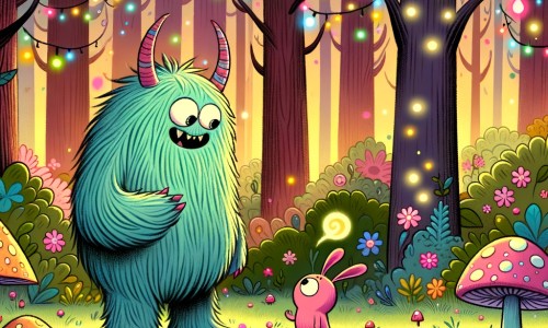 Une illustration pour enfants représentant un monstre poilu et rigolo, qui aide une petite créature perdue dans une forêt enchantée.