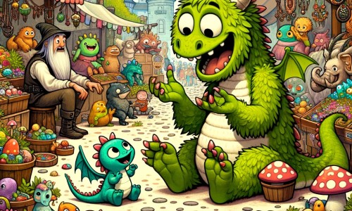 Une illustration pour enfants représentant un petit monstre vert rigolo qui participe à un concours de mangeurs de hot-dogs géants dans un grand champ fantastique.