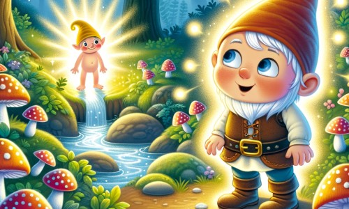 Une illustration destinée aux enfants représentant un lutin farceur découvrant un nouvel ami dans une forêt enchantée remplie de champignons lumineux et de rivières scintillantes.