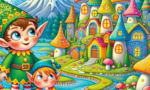 Une illustration destinée aux enfants représentant un lutin farceur découvrant un village enchanté rempli de maisons champignons colorées et de rivières scintillantes, accompagné d'un lutin grincheux qui deviendra son ami.