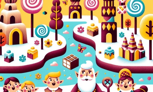 Une illustration destinée aux enfants représentant un vampire gourmand, accompagné d'une famille de vampires rigolos, explorant un monde fantastique rempli de bonbons où les arbres sont en guimauve et les rivières en chocolat.