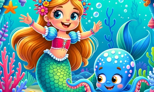 Une illustration destinée aux enfants représentant une sirène joyeuse et espiègle, accompagnée d'un poulpe farceur, dans les eaux turquoise d'une grotte sous-marine scintillante de coquillages et de coraux multicolores.