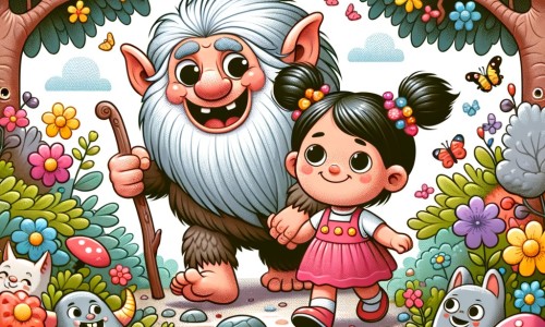 Une illustration destinée aux enfants représentant un troll farfelu, accompagné d'une petite fille généreuse, se promenant dans une forêt enchantée remplie de fleurs multicolores et d'animaux rigolos.