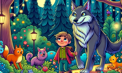 Une illustration destinée aux enfants représentant un loup-garou sympathique, accompagné d'un jeune garçon, partant à l'aventure dans une forêt enchantée remplie d'arbres colorés, de fleurs lumineuses et de créatures rigolotes.
