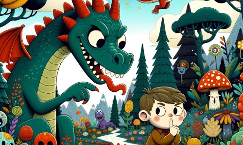 Une illustration pour enfants représentant un dragon farceur qui joue des tours à tout le monde, dans un monde fantastique rempli de couleurs et de créatures étranges.