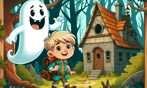 Une illustration destinée aux enfants représentant un adorable fantôme farceur, accompagné d'un jeune explorateur curieux, dans une forêt enchantée abritant une vieille maison abandonnée pleine de mystères.