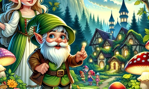 Une illustration destinée aux enfants représentant une elfe espiègle et malicieuse, accompagnée d'un lutin farceur, dans un village enchanteur au milieu d'une forêt luxuriante, peuplé de champignons lumineux et de fleurs parlantes.