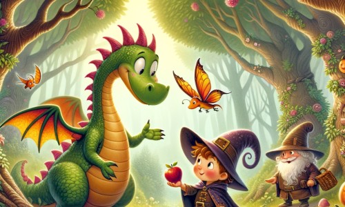 Une illustration pour enfants représentant un dragon rigolo qui se fait de nouveaux amis lors d'une aventure enchantée dans une forêt magique.