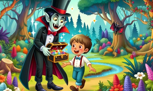 Une illustration pour enfants représentant un vampire amical et farceur, organisant une chasse au trésor dans une forêt enchantée.