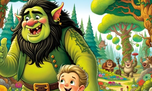 Une illustration destinée aux enfants représentant un ogre espiègle et jovial, accompagné d'un petit garçon curieux, explorant une forêt enchantée remplie d'arbres majestueux, de fleurs colorées et d'animaux malicieux.
