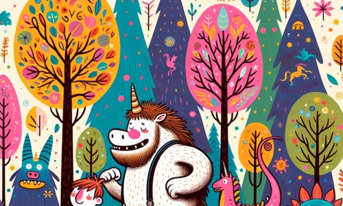 Une illustration pour enfants représentant un monstre rigolo qui découvre un nouveau monde fantastique peuplé de créatures étranges, dans une forêt pleine de couleurs et de surprises.