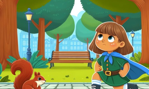 Une illustration destinée aux enfants représentant une petite fille courageuse et déterminée, confrontée à un défi impossible, accompagnée d'un écureuil espiègle, dans un parc verdoyant avec de grands arbres et des bancs accueillants.