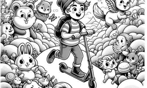 Une illustration pour enfants représentant un petit garçon passionné de sa trottinette, qui participe à une grande course dans sa ville et doit faire face à un défi impossible pour gagner.