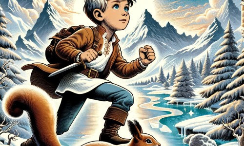 Une illustration destinée aux enfants représentant un petit garçon intrépide, confronté à un défi impossible, accompagné d'un sage écureuil, dans un monde imaginaire rempli de montagnes aux sommets enneigés et de rivières scintillantes.