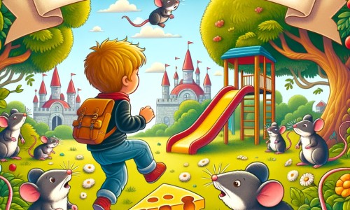 Une illustration pour enfants représentant un petit garçon aventurier qui relève un défi impossible, à la recherche d'un fromage perdu pour une famille de souris, dans un parc d'attractions animé.