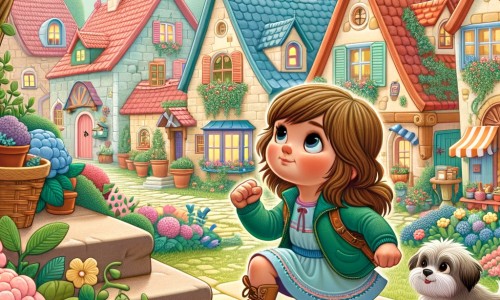 Une illustration destinée aux enfants représentant une petite fille courageuse et déterminée, face à un défi impossible, accompagnée d'un chien curieux, dans un village enchanteur entouré de maisons colorées et de jardins fleuris.