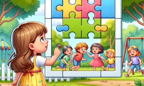 Une illustration destinée aux enfants représentant une petite fille pleine de curiosité et d'énergie, qui se retrouve face à un puzzle apparemment impossible à résoudre, accompagnée de ses amis dans un parc magnifique avec des arbres colorés, des balançoires et un ciel bleu éclatant.