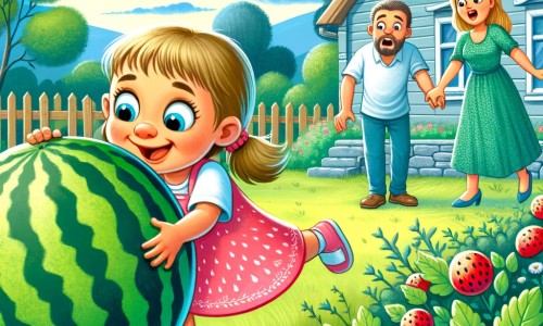 Une illustration destinée aux enfants représentant une petite fille espiègle se lançant le défi impossible de faire entrer une pastèque dans sa maison, avec ses parents étonnés et un jardin verdoyant en arrière-plan.