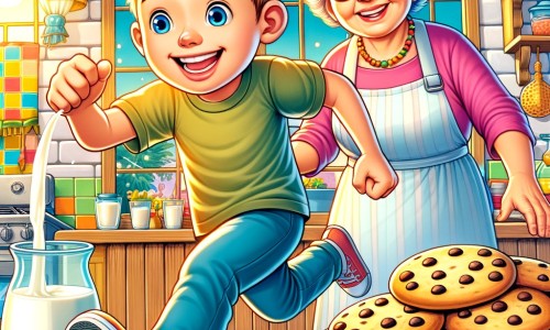Une illustration destinée aux enfants représentant un petit garçon plein d'énergie, se lançant dans un défi impossible avec l'aide précieuse de sa grand-mère, dans une cuisine colorée remplie de biscuits et de verres de lait.