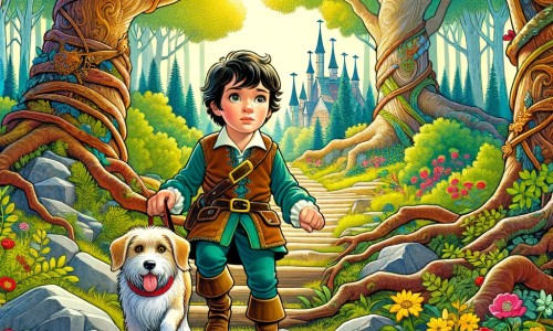 Une illustration destinée aux enfants représentant un petit garçon intrépide, confronté à un défi apparemment impossible, accompagné de son fidèle chien, dans une forêt enchantée pleine de couleurs vives et d'arbres majestueux.