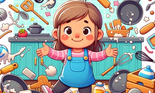 Une illustration destinée aux enfants représentant une petite fille pleine de maladresse, faisant face à un défi impossible avec l'aide de ses amis, dans une cuisine colorée remplie d'ustensiles et d'ingrédients éparpillés partout.