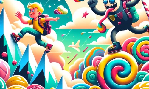 Une illustration destinée aux enfants représentant un petit garçon intrépide se lançant dans un défi impossible avec l'aide d'un drôle de personnage, dans un monde fantastique rempli de nuages colorés et de montagnes en forme de bonbons.