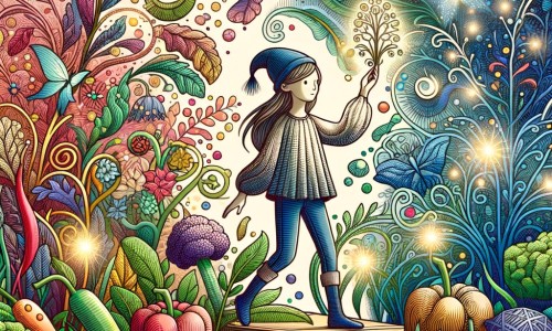 Une illustration destinée aux enfants représentant une petite fille pleine d'imagination confrontée à un défi impossible entourée de légumes colorés, dans un jardin enchanté aux fleurs lumineuses et aux arbres dansants.