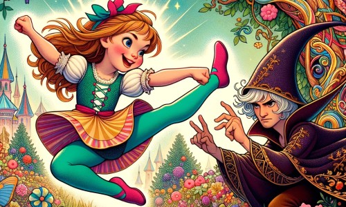 Une illustration destinée aux enfants représentant une petite fille pleine d'énergie, confrontée à un défi impossible avec l'aide d'un mystérieux personnage secondaire, dans un jardin enchanté rempli de fleurs multicolores et d'arbres majestueux.