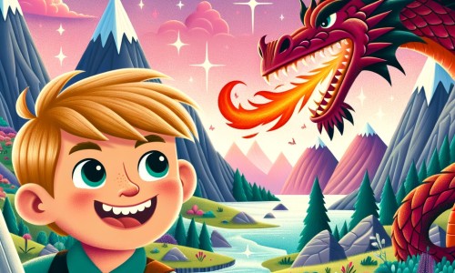 Une illustration destinée aux enfants représentant un petit garçon au sourire malicieux, défiant un dragon cracheur de feu, dans un paysage fantastique rempli de montagnes majestueuses, de rivières scintillantes et de nuages ​​roses et violets.