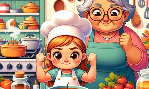 Une illustration pour enfants représentant une petite fille faisant face à un défi culinaire impossible lors de la fête d'anniversaire de son ami, dans un lieu coloré et festif.