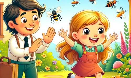 Une illustration destinée aux enfants représentant une petite fille pleine d'énergie, confrontée à la peur des insectes, accompagnée d'un voisin aimable et souriant, dans un jardin luxuriant rempli de fleurs colorées et d'arbres fruitiers.