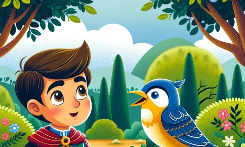 Une illustration destinée aux enfants représentant un petit garçon intrépide, confronté à un défi impossible, accompagné d'un oiseau parlant, dans un jardin verdoyant rempli de buissons fleuris et d'arbres majestueux.