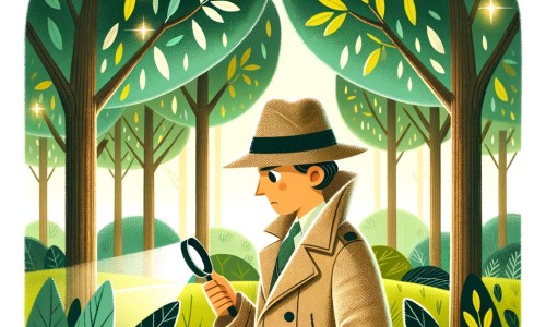 Une illustration destinée aux enfants représentant un détective intrépide, vêtu d'un manteau beige et coiffé d'un chapeau noir, enquêtant sur une mystérieuse disparition dans un parc verdoyant entouré de grands arbres aux feuilles chatoyantes.