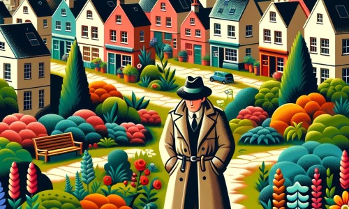 Une illustration pour enfants représentant un homme déterminé à résoudre une disparition mystérieuse dans une petite ville paisible.