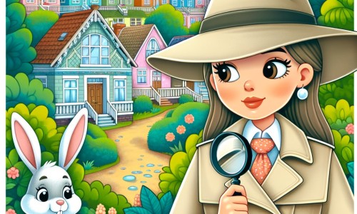 Une illustration pour enfants représentant une femme détective résolvant un mystère dans une petite ville pleine de lapins.