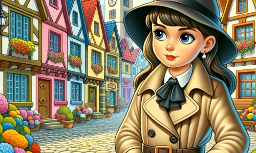 Une illustration pour enfants représentant une femme détective courageuse enquêtant sur la mystérieuse disparition d'une boulangère dans une petite ville paisible.