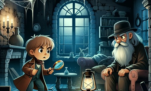 Une illustration pour enfants représentant un homme courageux et intelligent, résolvant le mystère d'une disparition dans une maison abandonnée.