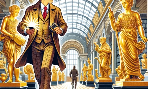 Une illustration destinée aux enfants représentant un détective à la fois astucieux et déterminé, qui se retrouve sur la piste d'un voleur dans un musée majestueux rempli de statues en or étincelantes.