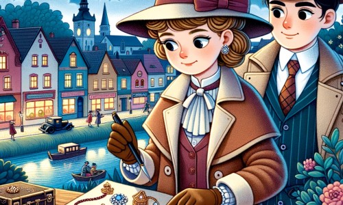 Une illustration pour enfants représentant une jeune femme détective résolvant un mystérieux vol dans une petite ville paisible.