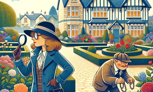Une illustration pour enfants représentant une femme détective résolvant un mystère de vol de collier dans une petite ville tranquille appelée Bourgville.