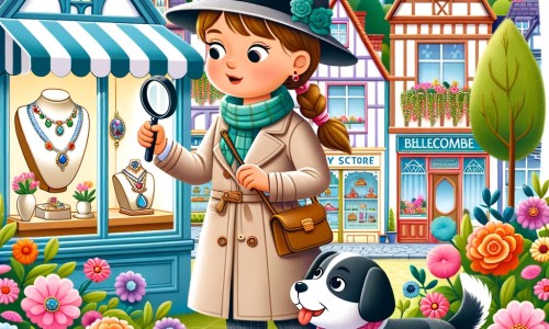 Une illustration pour enfants représentant une femme détective résolvant un mystère de collier disparu dans une paisible ville.