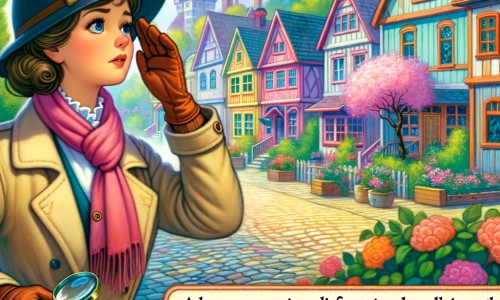 Une illustration pour enfants représentant une femme détective courageuse et déterminée qui résout le mystère de la disparition d'une personne aimable dans une petite ville pleine de secrets.