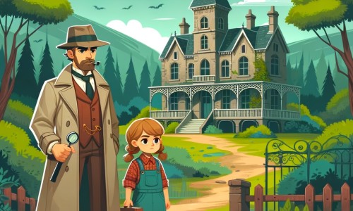 Une illustration destinée aux enfants représentant un détective intrépide, se tenant devant un vieux manoir abandonné, accompagné d'une jeune fille curieuse, dans une petite ville paisible entourée de bois verdoyants.